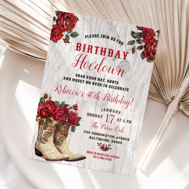 Convite Western Hoedown Rustic Cowgirl Red Floral Birthday (Criador carregado)