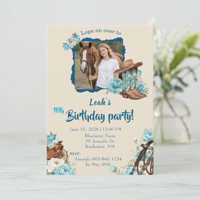 Convite Western Horse Floral Birthday Invitation – Cream (Em pé/Frente)