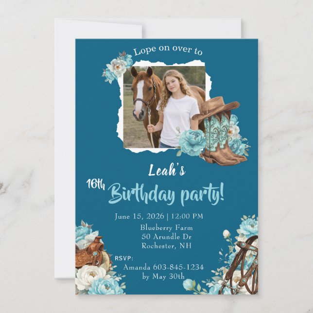 Convite Western Horse Floral Birthday Invitation – Navy (Frente)
