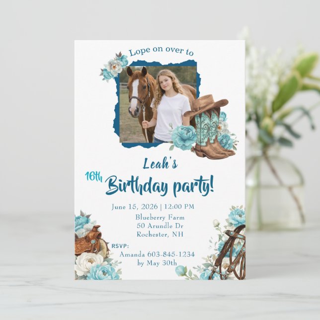 Convite Western Horse Floral Birthday Invitation – White (Em pé/Frente)
