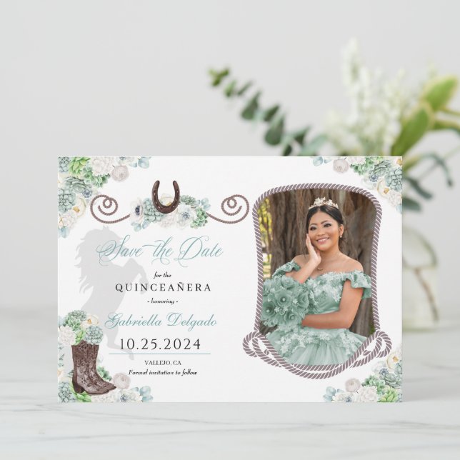 Convite Western Mint Green Quinceañera Salve A Foto Da Dat (Em pé/Frente)