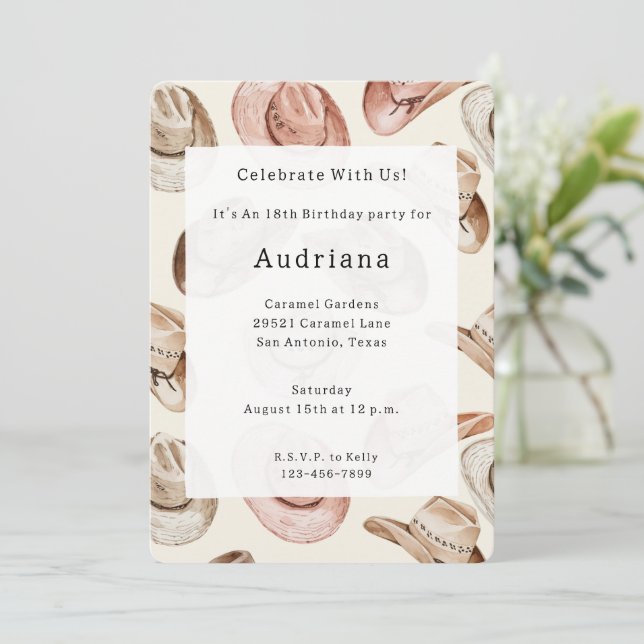 Convite Western Pink Cream Cowgirl Hats Aniversário (Em pé/Frente)