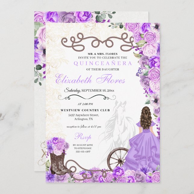 Convite Western Purple Princess Floral Charra Quinceañera (Frente/Verso)