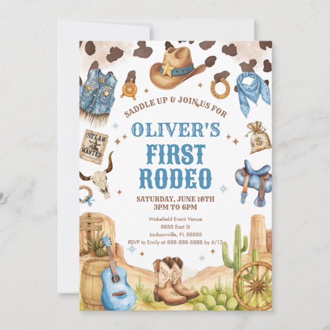 Convite Western Rodeo Cowboy First Rodeo 1st Birthday (Frente)