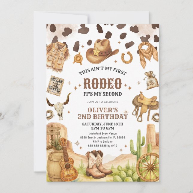 Convite Western Rodeo Cowboy Second Rodeo 2nd Birthday (Frente)