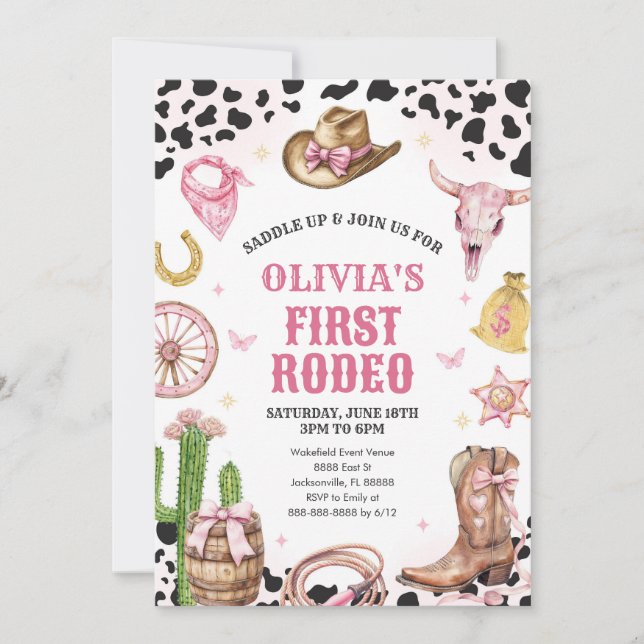 Convite Western Rodeo Cowgirl First Rodeo 1st Birthday (Frente)