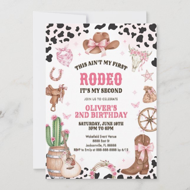 Convite Western Rodeo Cowgirl Second Rodeo 2nd Birthday (Frente)