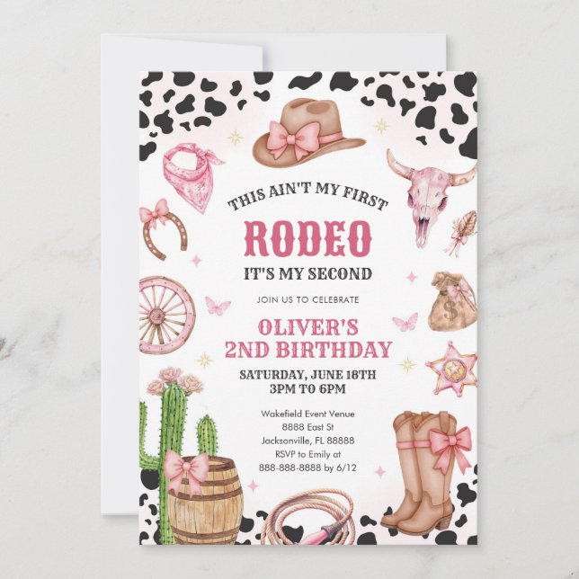 Convite Western Rodeo Cowgirl Second Rodeo 2nd Birthday (Frente)