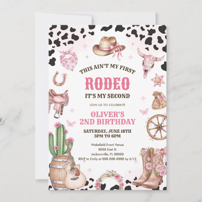 Convite Western Rodeo Cowgirl Second Rodeo 2nd Birthday (Frente)