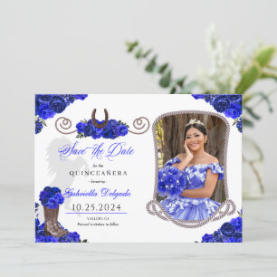 Convite Western Royal Blue Quinceañera Salve a Foto da Dat