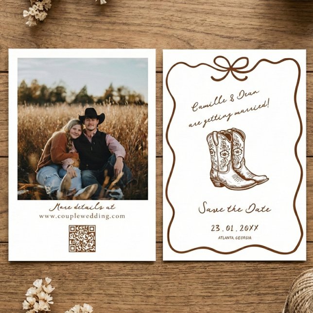 Convite Western Rustic boho photo QR Code Save the Date  I (Criador carregado)
