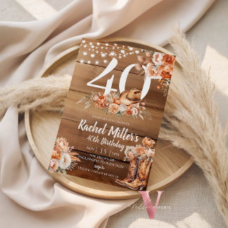 Convite Western Rustic Dried Flower Hat Boots Birthday