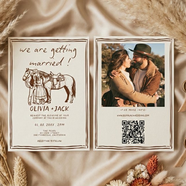 Convite Western Rustic Hand Drawn Photo QR Code Wedding (Criador carregado)