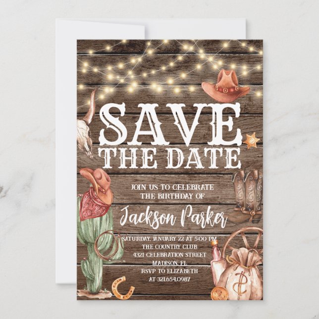 Convite Western Save the Date Birthday Country Birthday (Frente)
