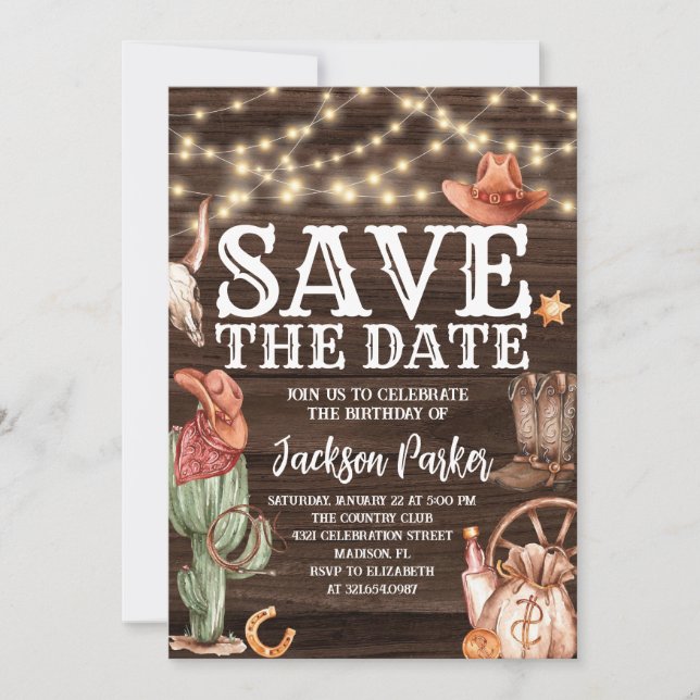 Convite Western Save the Date Birthday Country Birthday (Frente)