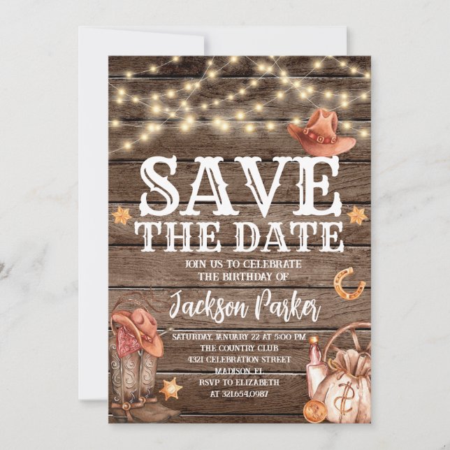 Convite Western Save the Date Birthday Country Birthday (Frente)