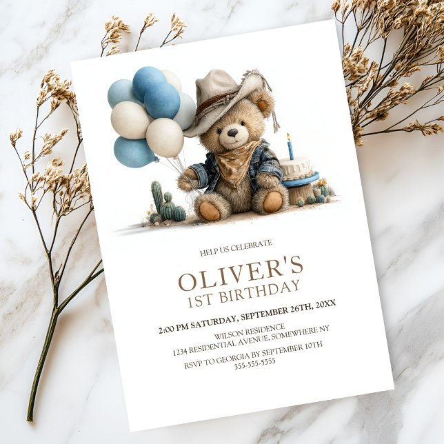 Convite Western Teddy Bear 1st Birthday Party Invitation (Criador carregado)