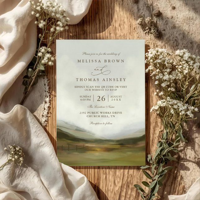 Convite Western Valley Rustic Elegant QR Code Wedding (Criador carregado)