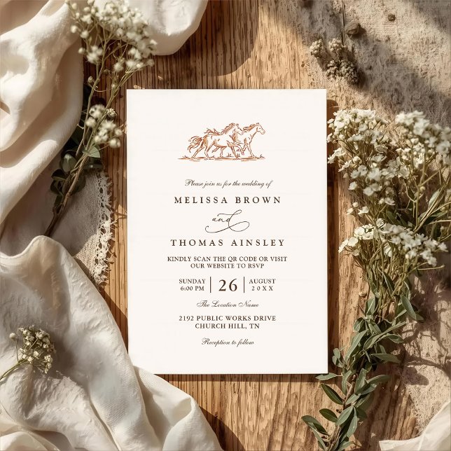 Convite Western Wild Horses Rustic Country QR Code Wedding (Criador carregado)