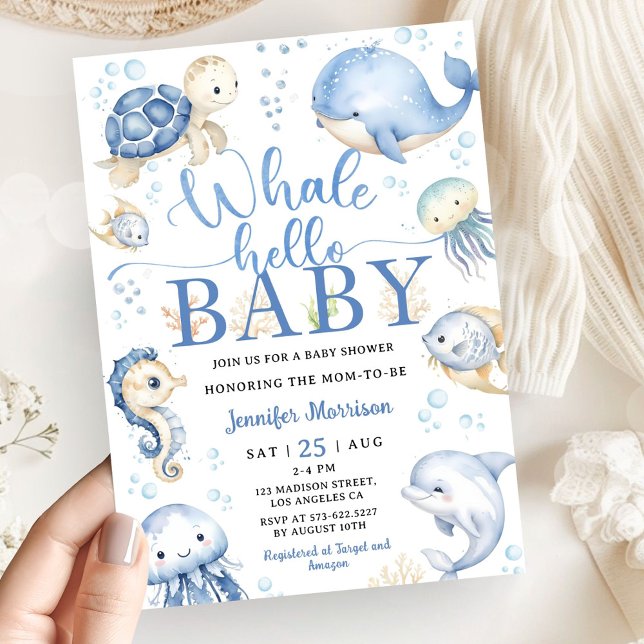 Convite Whale Baby Shower Boy Blue Ocean (Criador carregado)