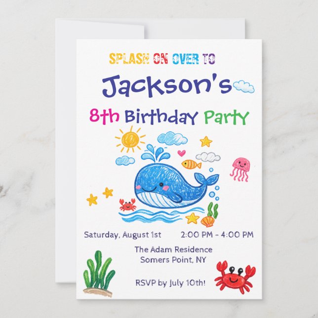 Convite Whale Theme Summer Kids Birthday Invitation Card (Frente)