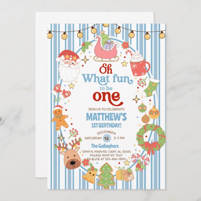 Convite What fun to be One boy 1st birthday invite. (Frente/Verso)