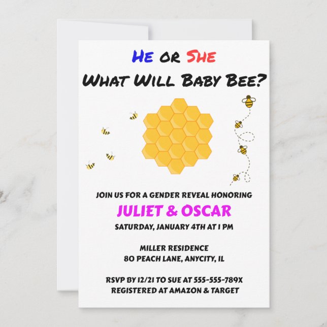Convite What Will Baby Bee Gender Reveal (Frente)