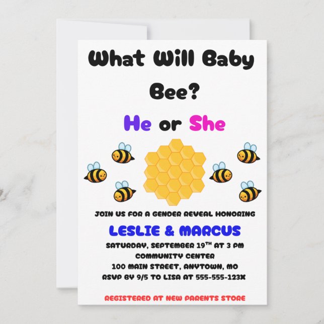 Convite What Will Baby Bee Gender Reveal (Frente)