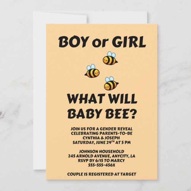 Convite What Will Baby Bee Gender Reveal (Frente)