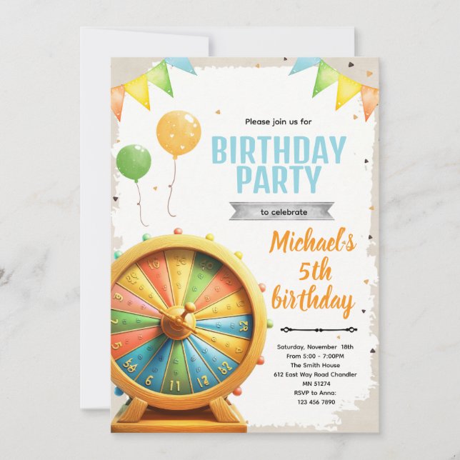Convite Wheel of Fortune spin birthday Invitation (Frente)
