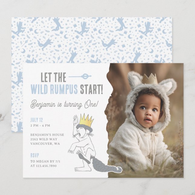 Convite Where the Wild Things Are Wild One First Birthday (Frente/Verso)