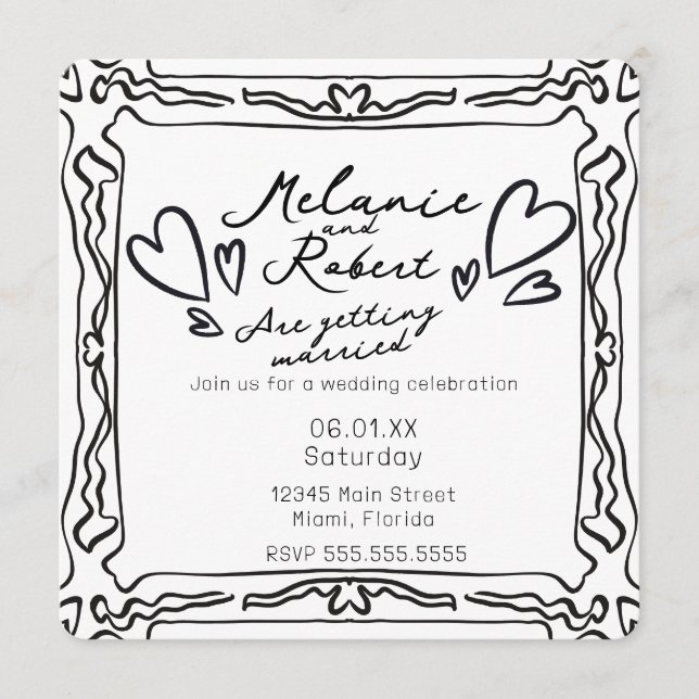 Convite Whimiscal Cute Doodles Black White Frame Wedding (Frente)