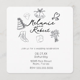 Convite Whimiscal Cute Doodles Black White Wedding