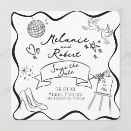 Convite Whimiscal Doodles Black White Frame Save the Date