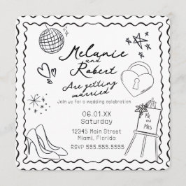 Convite Whimiscal Doodles Black White Frame Wedding