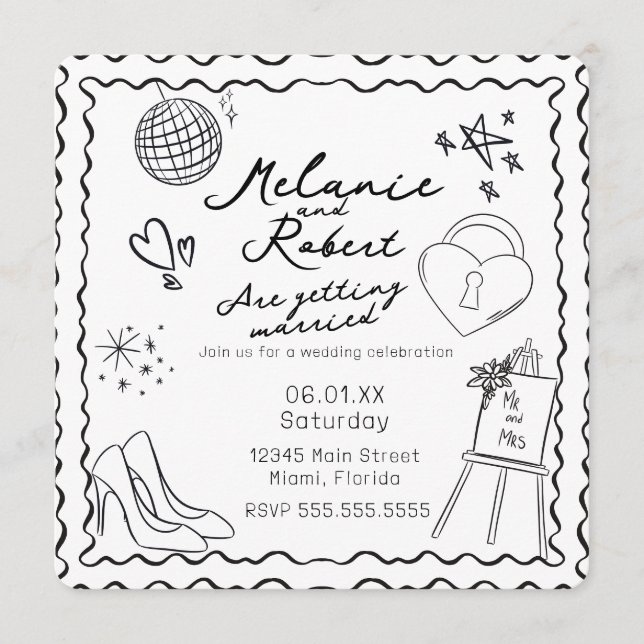 Convite Whimiscal Doodles Black White Frame Wedding (Frente)