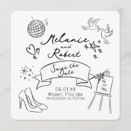 Convite Whimiscal Doodles Black White Save the Date