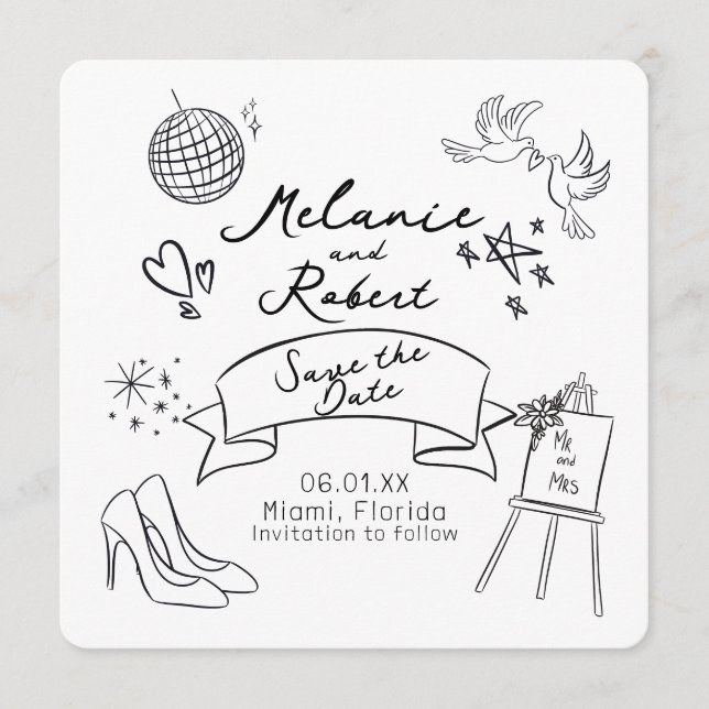 Convite Whimiscal Doodles Black White Save the Date (Frente)