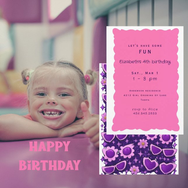 Convite Whimiscal Purple and Pink 4th Birthday Party II (Criador carregado)