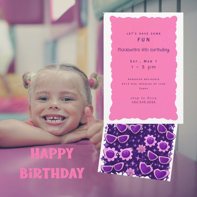 Convite Whimiscal Purple and Pink 6th Birthday Party (Criador carregado)