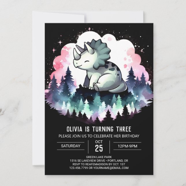 Convite Whimsic Chic Triceratops Aniversário (Frente)