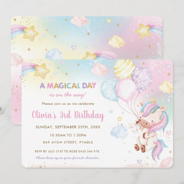 Convite Whimsic Cute Unicorn Balões Arco-Íris Aniversário (Frente/Verso)