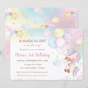 Convite Whimsic Cute Unicorn Balões Arco-Íris Aniversário