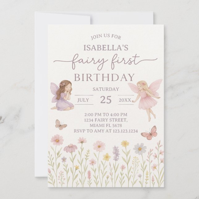 Convite Whimsic Fairy First Birthday Invite (Frente)