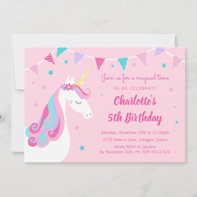 Convite Whimsic Rainbow Unicorn Pink 5 Birthday (Frente)