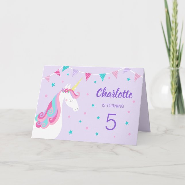 Convite Whimsic Rainbow Unicorn Purple 5 Birthday (Frente)