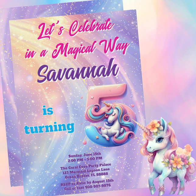 Convite Whimsic Unicorn Pastel Rainbow 5 Aniversário (Magical Unicorn Birthday Party Invitation)