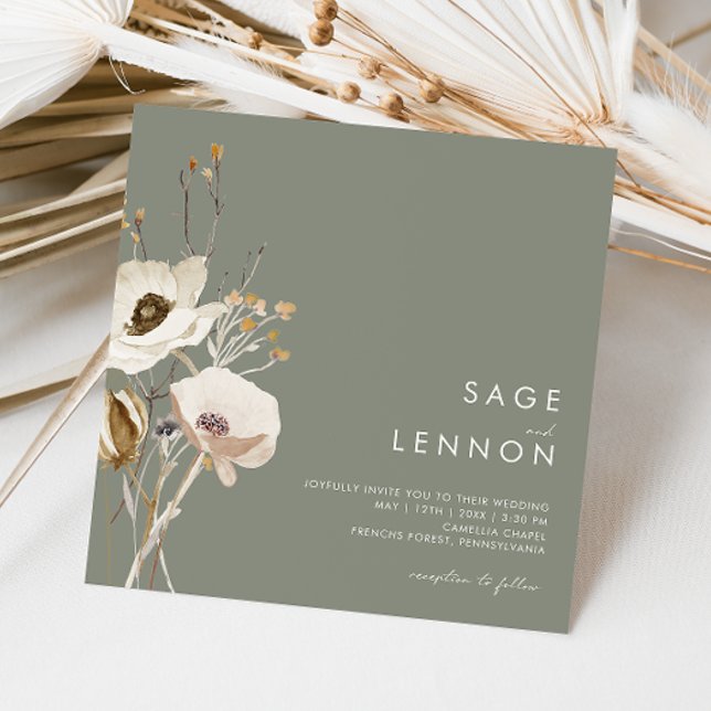 Convite Whimsic Wildflower | Sage Green Square Wedding (Criador carregado)