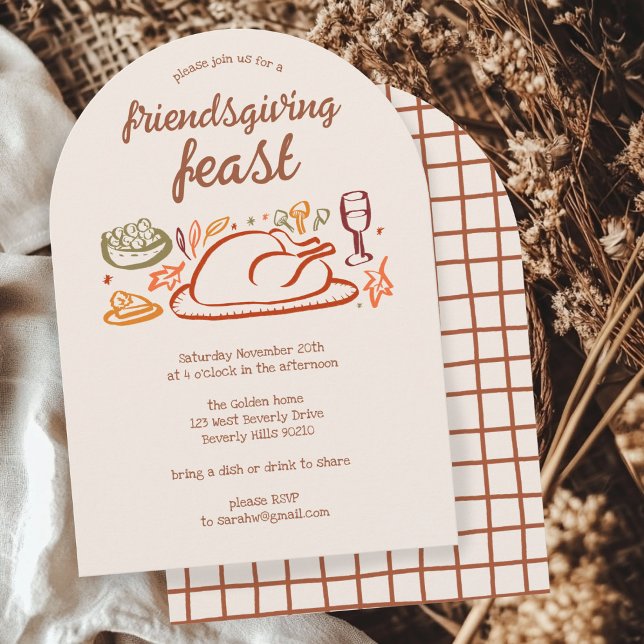 Convite Whimsical Ação de Graças e Janta de Ação de Amizad (Whimsical Thanksgiving Friendsgiving Dinner ARCH Custom Autumn Fall Party Invitation
)