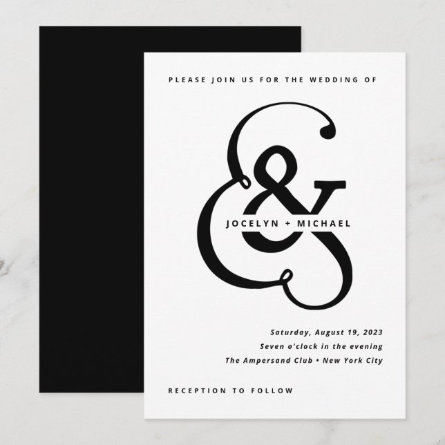 Convite Whimsical Ampersand | Casamento Negro e Branco (Frente/Verso)